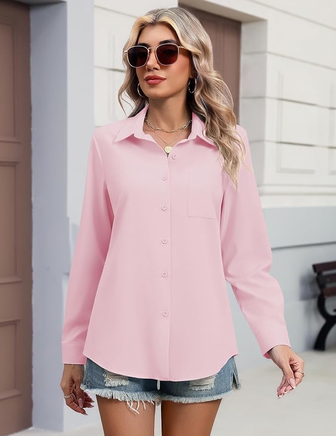 HOTOUCH Button Down Shirts for Women Long Sleeve Blouse Dressy Casual Business Work Tops with Pocket