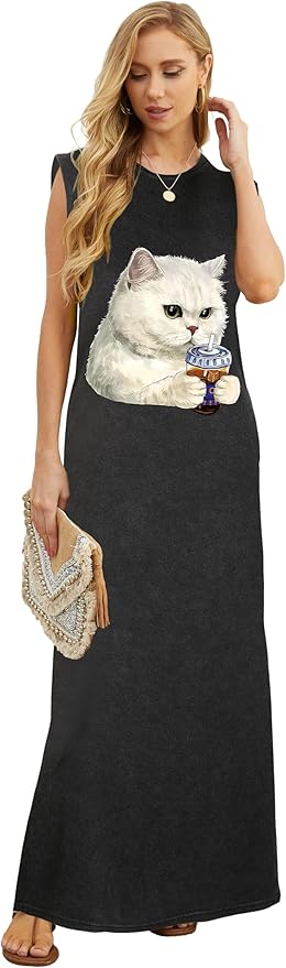 GRECERELLE 2026 Women Year-Round Casual Round Neck Loose Split Wrinkle-Free Long Maxi Vacation Dress with Pockets (XXS-4XL)