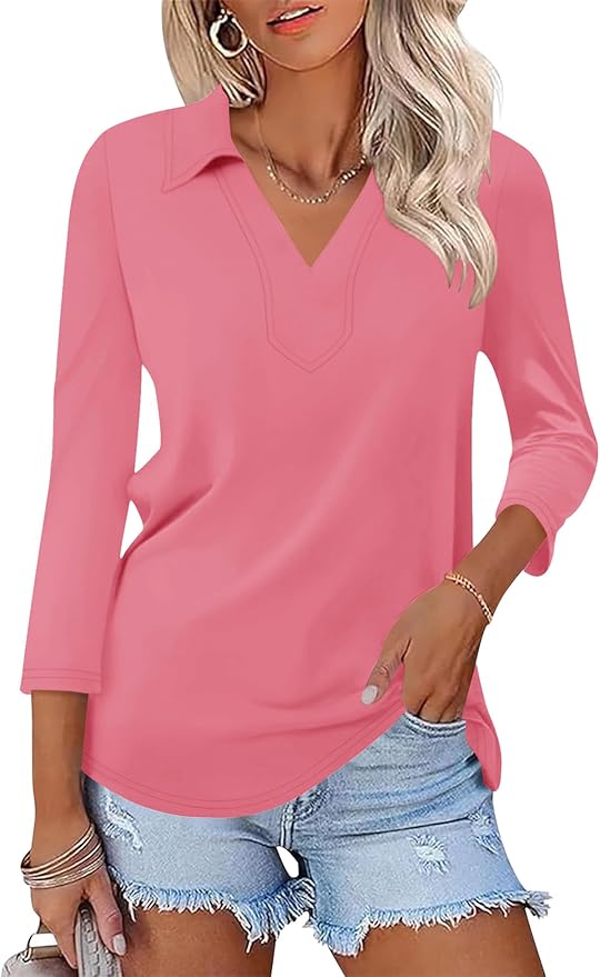 LOMON 3/4 Length Sleeve Womens Tops 2026 Spring Summer Collared Polo Shirts V Neck Casual Basic Polos Tees Shirt