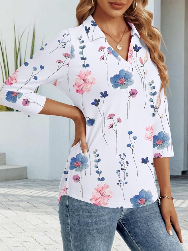 3/4 Length Sleeve Womens Tops Dressy Casual V Neck Polo Shirts Business Work Blouses 2025 Trendy Tunic Top