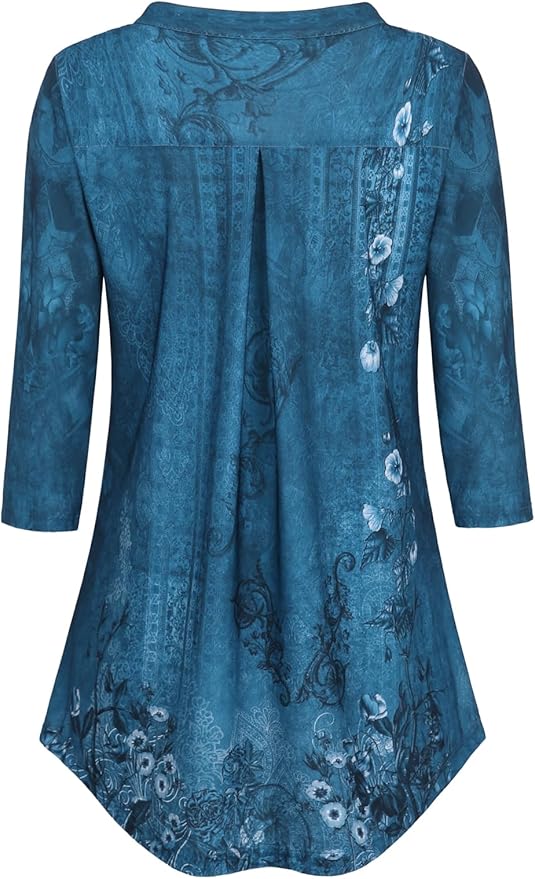 BAISHENGGT 3/4 Sleeve Tops for Women Notch V Neck Floral Work Blouses Dressy Casual Loose Fit Going Out Tunic Tops