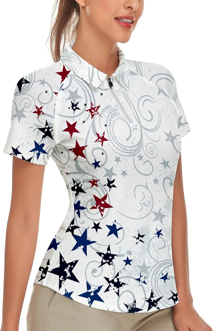 Women's Golf Shirt Short Sleeve Tennis Shirt Quarter Zip Golf Pullover Golf Polo Shirts Argyle Tops