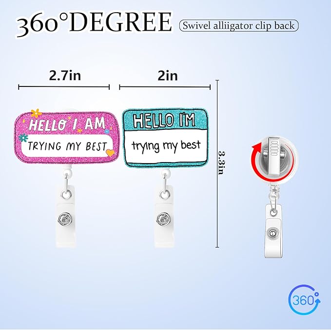 2 Pcs Hello I'm Trying My Best Acrylic Name Badge Clip - Retractable ID Holder with Alligator Clip& Nylon Cord | AcrylicClip for Nurse Nurses Office Worker Teacher Student