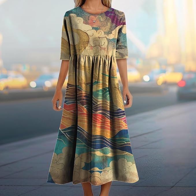 MARSVOVO Trendy Dresses for Women 2025 Classic Fairy Flowy Sundress Relaxed Fit Dress with Side Pockets