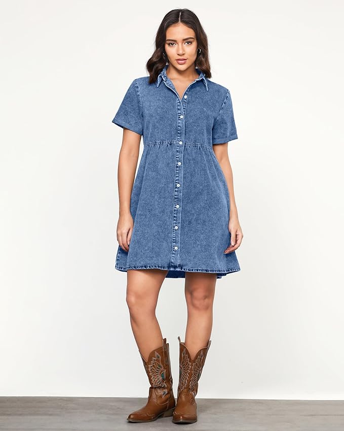 LookbookStore Women's Short Sleeve Button Down Flowy Tiered Babydoll Denim Dress