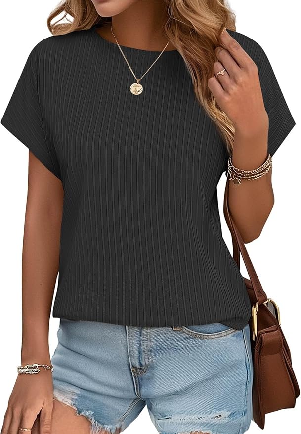 JUSTFASHIONNOW Womens Short Sleeve Blouses Business Casual Tops Crew Neck Basic Tees Textured Work Shirts Cute Office Outfits