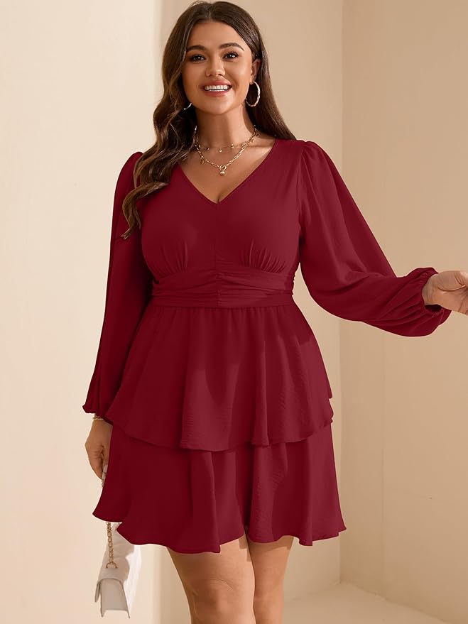 RWJ Plus Size Dresses for Curvy Women V Neck Long Sleeve Elastic Waist Fall Wedding Guest Layer Casual Mini Dress