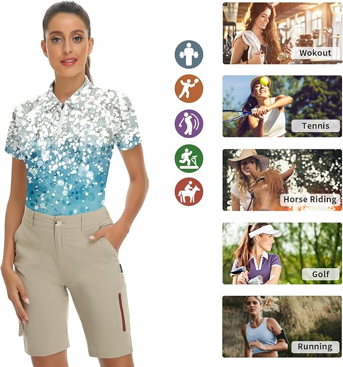 Women's Golf Shirt Short Sleeve Tennis Shirt Quarter Zip Golf Pullover Golf Polo Shirts Argyle Tops