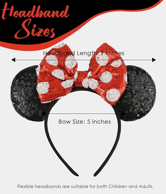 LIHELEI Mouse Ears Headband with Sequin Bows, Headbands for Kids Halloween Costume, Headwear Hair Accessories for Women Girls - Red and Black Headband-B