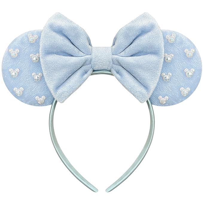 Trnerm Blue Fuzzy Mouse Ears Headband for Women, Cute Beads Headband with Bows，Halloween Costume Accessory