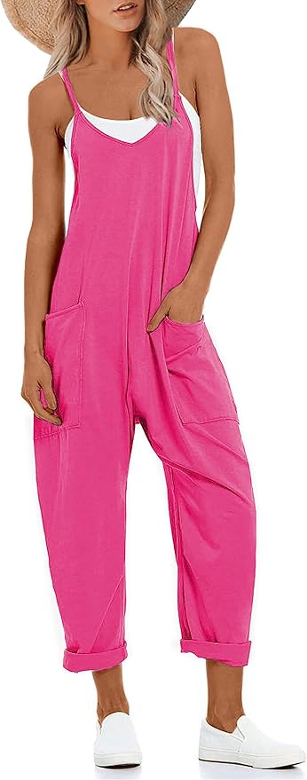 Lentta Women's Causal Jumpsuits V Neck Sleeveless Harem Overalls Stretchy Adjustable Strap Romper with Pockets
