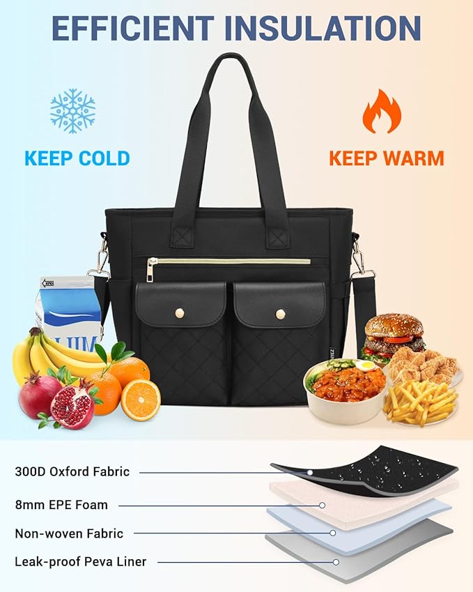 RalChyez Lunch Box for Women, Large Lunch Tote Leakproof Adult Lunch Bag Insulated Lunch Cooler Purse with Storage Pocket for Work Picnic Beach Trip Black