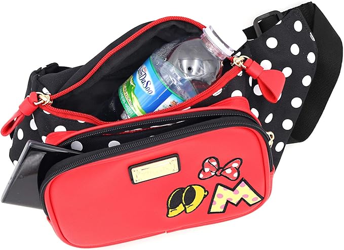 Minnie Ribbon Travel Bow Fanny Pack Crossbody Chest Waist Bum Sling Hip Belt Weekender Bag Cute Mouse Ear Faux Leather Purse Accessories Gift for Women Adult, Officially Licensed (Large)