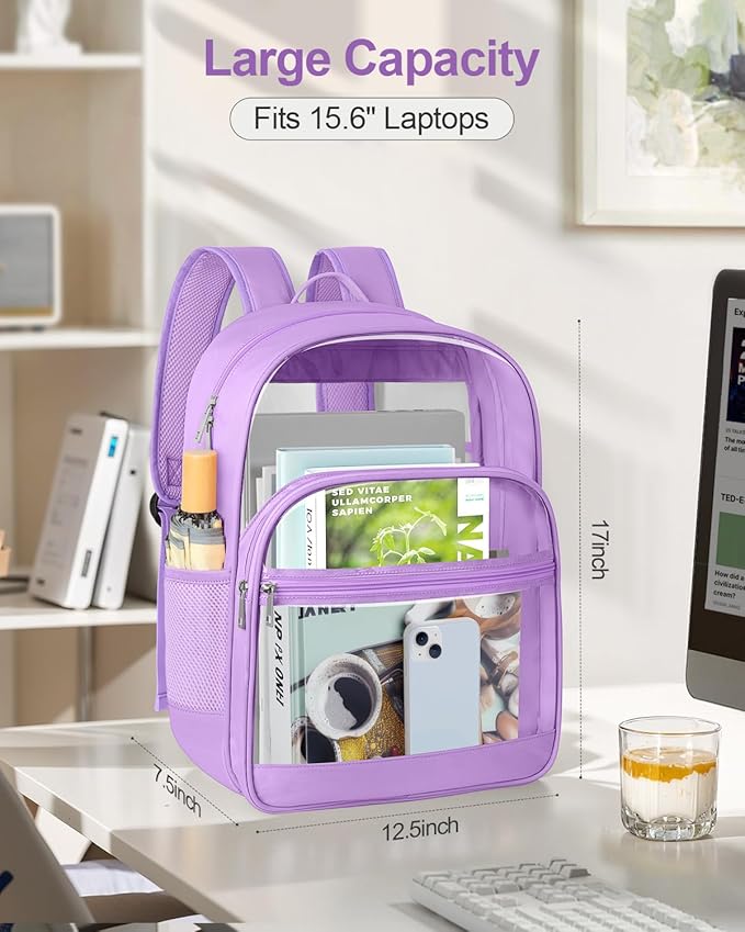 KIMNERPU Clear Backpack, Heavy Duty Transparent Bookbag for School, Fabric & PVC Transparent Backpack with Reinforced Strap for Women Men, Capacity Clear Bag for College, Travel, Purple
