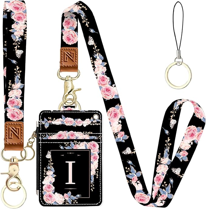 A-Z Letter 2-in-1 ID Badge Holder & Lanyard Wallet for Teachers,Nurse,Professionals-Cute Zippered Coin Pouch,Removable Wristlet & Neck Lanyard,5 Card Slots Stylish Work Essential I