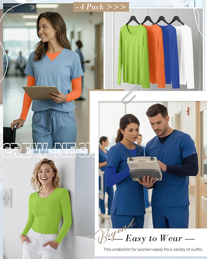 4 Pack Women's Underscrub Shirts Nurse Undershirts Long Sleeve Crewneck Slim Fit Tops Soft Stretchy Basic Tee
