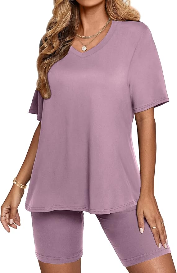 AGSEEM Two Piece Outfits For Women Summer V Neck T-Shirt Tops Biker Shorts Workout Sports Tracksuit