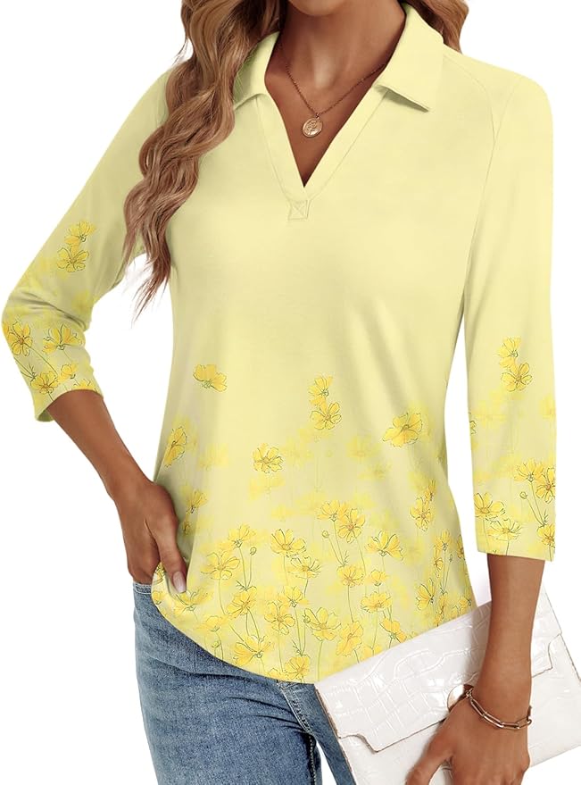 3/4 Length Sleeve Womens Tops Dressy Casual V Neck Polo Shirts Business Work Blouses 2025 Trendy Tunic Top