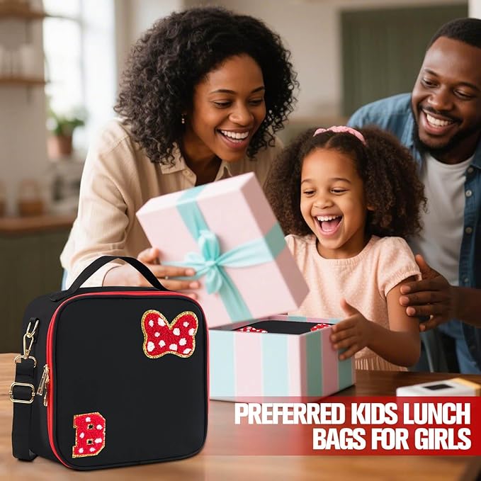 Preppy Initial Bow Mouse Lunch Bag, Kids Insulated Lunch Box Gifts for Teen Girls Daughter, Reusable Soft Lunch Containers Crossbody Cooler Bag Must Haves for Park Travel School Work Picnic Black B