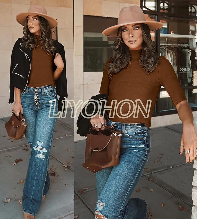 LIYOHON Womens Tops Dressy Casual Mock Turtleneck Business Short Sleeve T Shirts Going Out Tops 2026