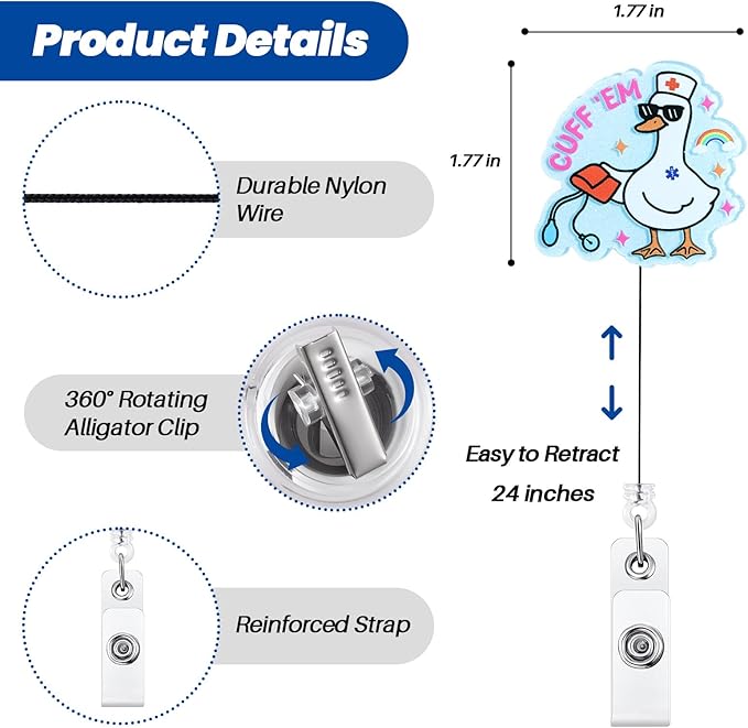 Cuff 'Em Funny Goose Nurse Badge Reel, Cute Medical Badge Holder with Retractable Clip, Name Tag Work Badge Buddy for RN LPN CNA MA Nursing Student Doctor, Nurse Gifts