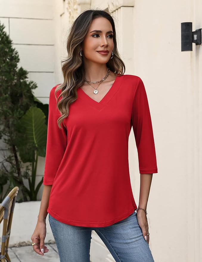 Zeagoo 3/4 Length Sleeve Womens Tops V Neck Shirt Dressy Casual Blouse Basic Tshirts 2026 Fashion Clothing S-2XL
