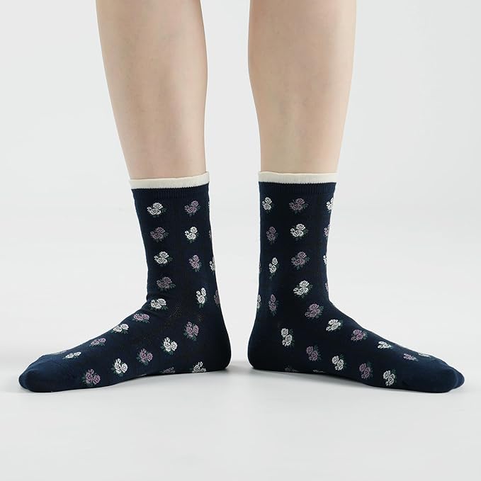 Kikiya Women's Cotton Crew Socks - Cute Flower Graphic Polka Dot Striped Heart Patterned - Ladies Girls Casual Socks Size 6-8
