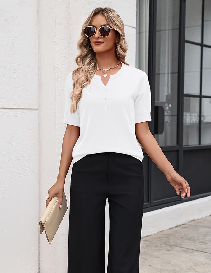 Zeagoo Women's Short Sleeve Sweater 2026 Spring Summer Tops Lightweight Casual V Neck Sweaters Dressy Work Blouses Clothes