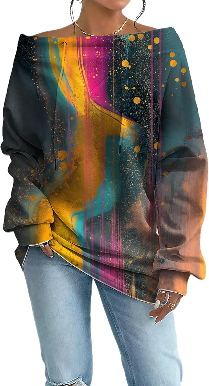 Womens Sweatshirts Floral Print Sexy Off The Shoulder T Shirts Oversized Long Sleeve Pullover Fall Tops