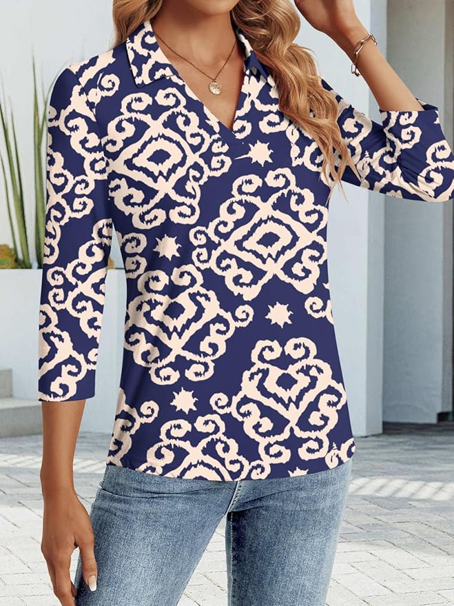 3/4 Length Sleeve Womens Tops Dressy Casual V Neck Polo Shirts Business Work Blouses 2025 Trendy Tunic Top
