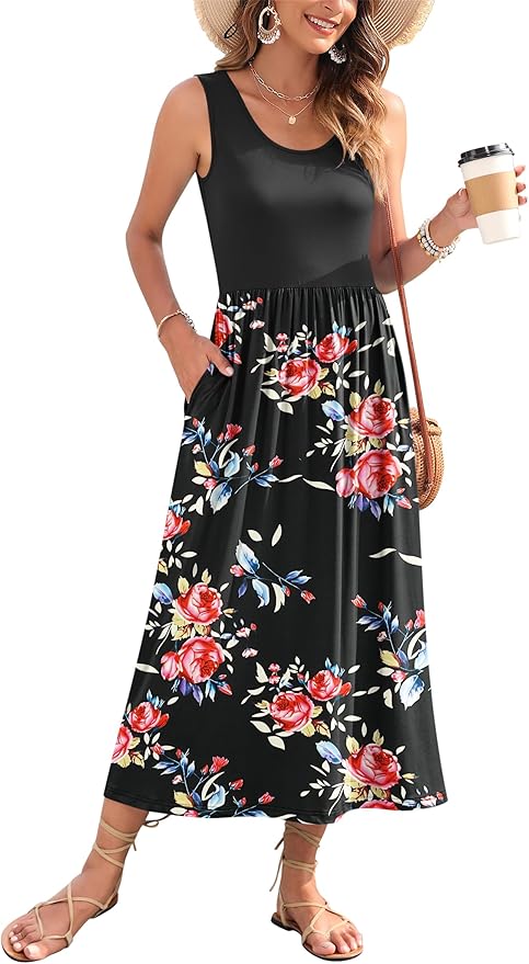 WNEEDU Women's Summer Maxi Dress 2026 Casual Sleeveless Hawaiian Sundress Tropical Long Dress Beach Vacation Outfit