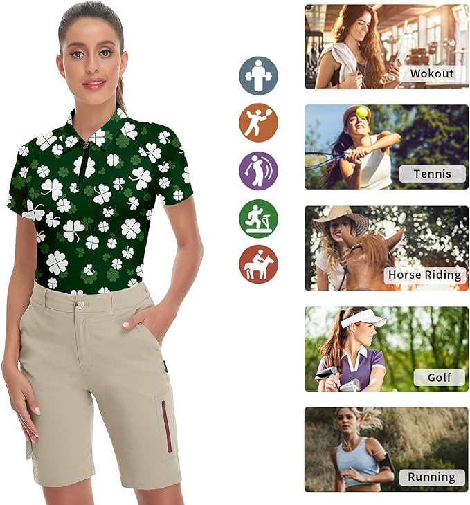 Women's Golf Shirt Short Sleeve Tennis Shirt Quarter Zip Golf Pullover Golf Polo Shirts Argyle Tops