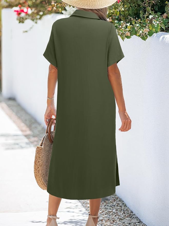 Zeagoo Women Dresses Summer Casual Short Sleeve Button Down Shirt Dresses 2025 Beach Cover Up with Pockets