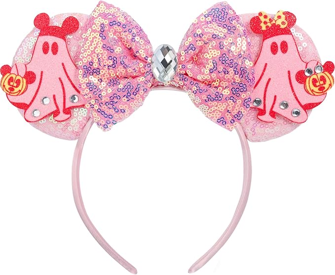 ETLUK Halloween Ears Headband - Pink Sequin Bow with Ghost & Pumpkin for Women Girls, Halloween Mouse Ears Accessories for Party Cosplay Costume