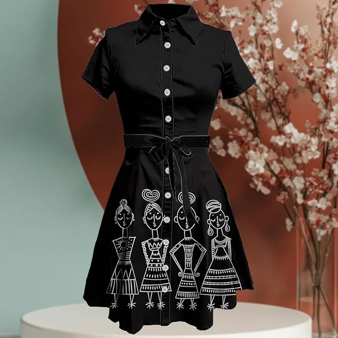 MARSVOVO Vintage Retro Shirt Dress for Women Short Sleeve Button Down Tie Waist Elegant Smocked Knee Length Dress