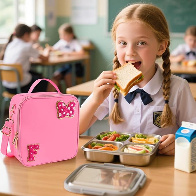 Preppy Initial Bow Mouse Lunch Bag, Kids Insulated Lunch Box Gifts for Teen Girls Daughter, Reusable Soft Lunch Containers Crossbody Cooler Bag Must Haves for Park Travel School Work Picnic Pink F
