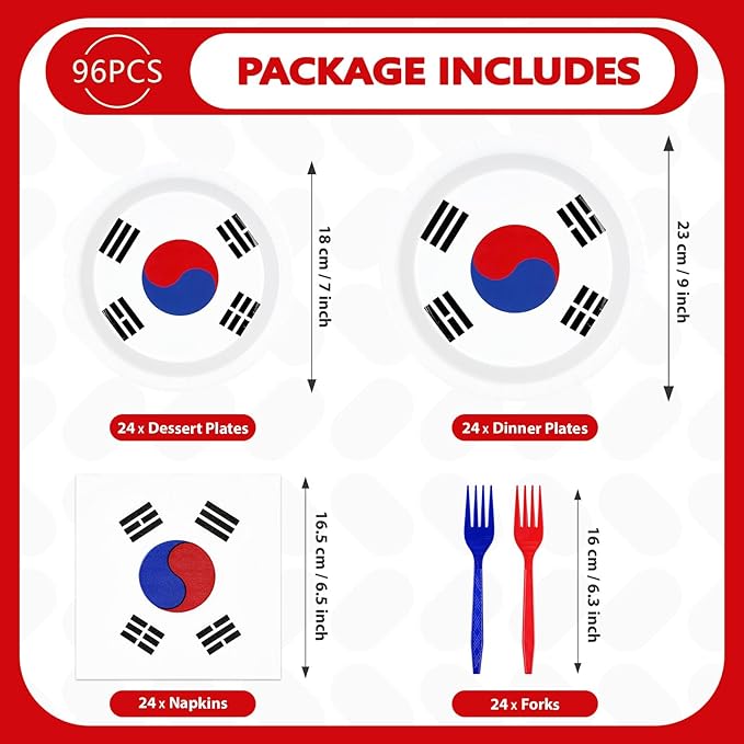 Greencian 96 Pcs South Korea Flag Themed Party Supplies Disposable South Korean Paper Plates and Napkins Korean National Flag Tableware Set for Country Decoration Party Supplies, Serves 24