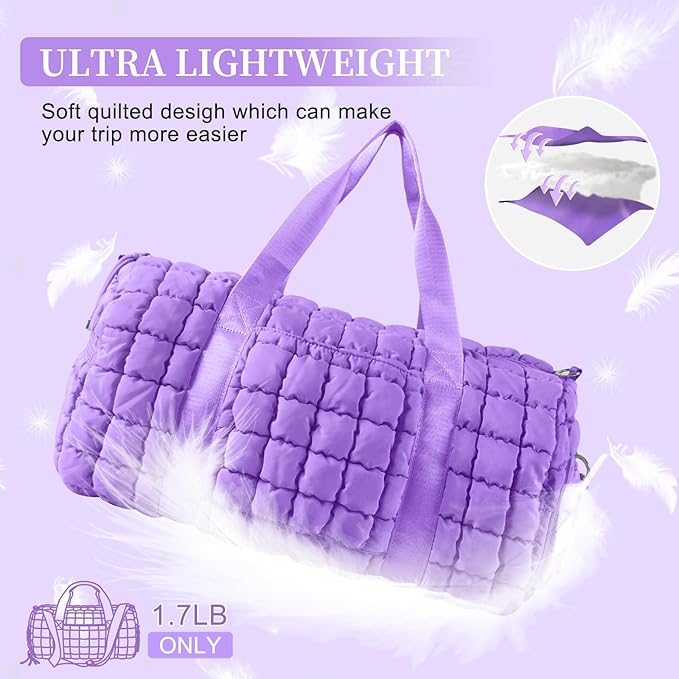 Quilted Travel Duffle Bag Gym Bag for Women,Large Puffer Duffle Weekender Bag with Compartment,Workout Overnight Carry on Organizer Bag Duffle Bag for Airplane Travel(L-Purple)