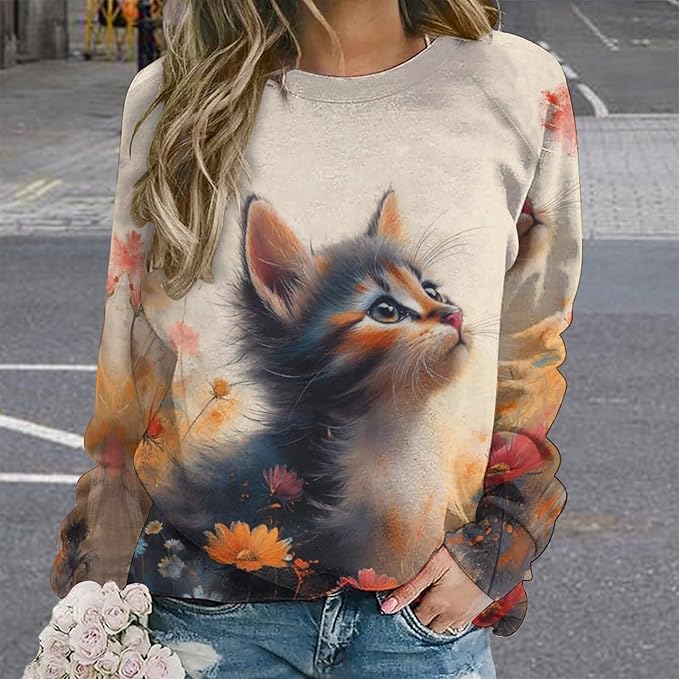 Spatofa Womens novelty funny cat printed crewneck sweatshirt casual loose long sleeve graphic pullover sweatshirts tops