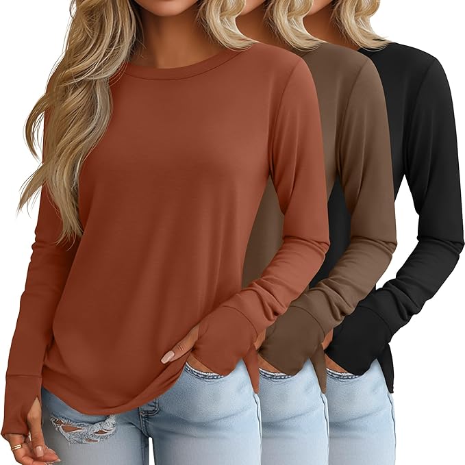 Huukeay 3 Pack Women's Long Sleeve Shirts with Thumb Holes, Cotton Casual Crew Neck Tunic Tops Fall Loose Y2k Trendy Outfits