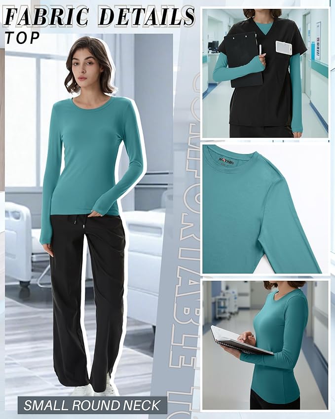 4 Pack Women's Underscrub Shirts Nurse Undershirts Long Sleeve Crewneck Slim Fit Tops Soft Stretchy Basic Tee