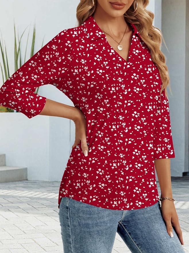 3/4 Length Sleeve Womens Tops Dressy Casual V Neck Polo Shirts Business Work Blouses 2025 Trendy Tunic Top