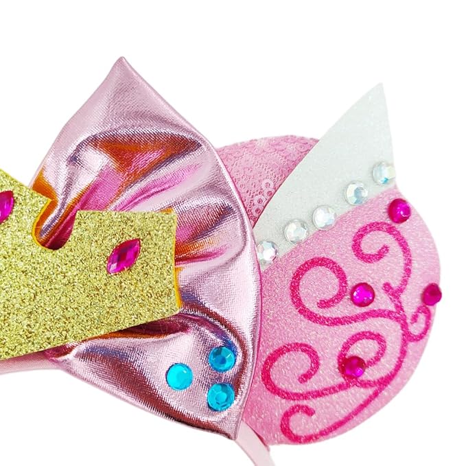 WW-WONDERFULWORLD Mouse Ears Headbands With Shiny Sequins Diamond & Crown Decoration, for Women Sleeping Beauty Series Aurora Princess Costume Cosplay Glitter Party; SMR-2
