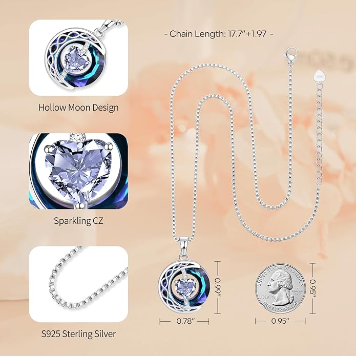 LIANYU Necklace for Womens Blue Sapphire Necklace Moon Pendant S925 Sterling Silver Crystal Jewelry for Women Pendant Birthday Gifts for Wife Gifts Valentine Anniversary