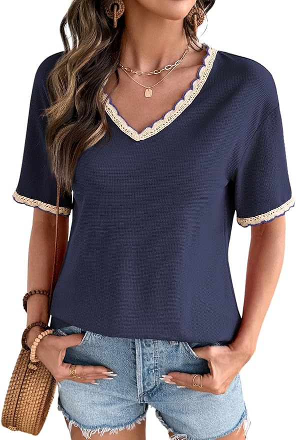 Dokotoo Womens Summer Tops Casual Short Sleeve Lace T-Shirts Solid V Neck Waffle Knit Shirts Blouses