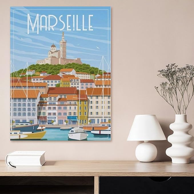 1000 Pieces Landscape Puzzles DIY，Marseille France Port Vintage Travel Poster，Jigsaw Creativity Toys for Kids Adults（50x70cm）-BO13