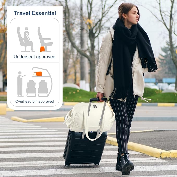 TOPDesign Travel Duffel Bag for Women, Puffer Gym Bag Sports Tote with Wet Pocket, Carry On Weekender with Luggage Sleeve (Ivory White)