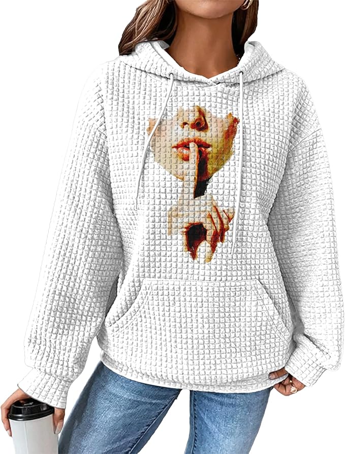 domirica Pullover Sweatshirts For Women Drawstring Long Sleeve Waffle Sweatshirt With Pocket Vintage Street Wear Qutfits