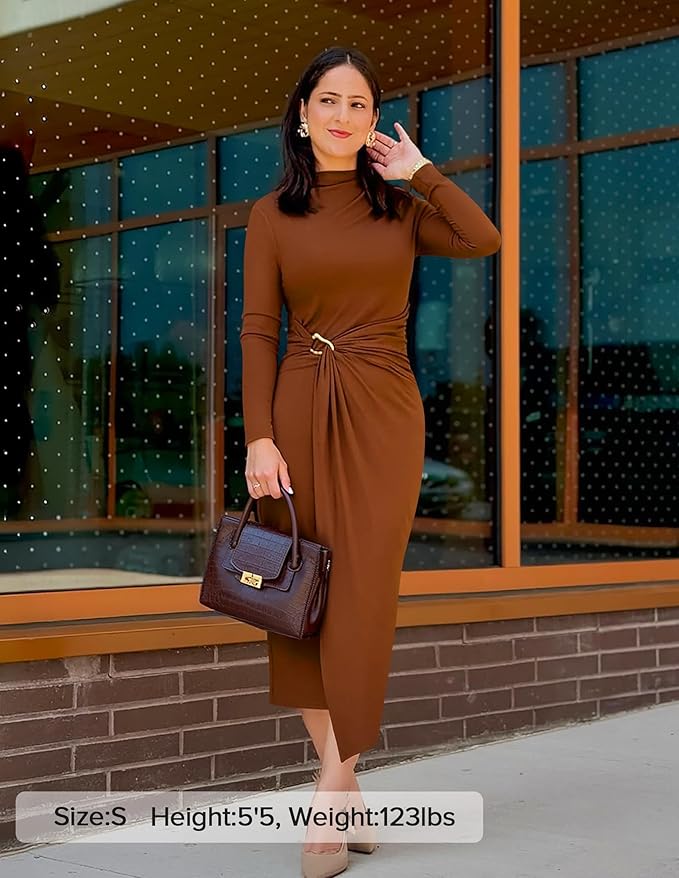 ZESICA Women's 2026 Spring Long Sleeve Bodycon Dress Mock Neck Wedding Guest Cocktail Party Long Midi Dresses