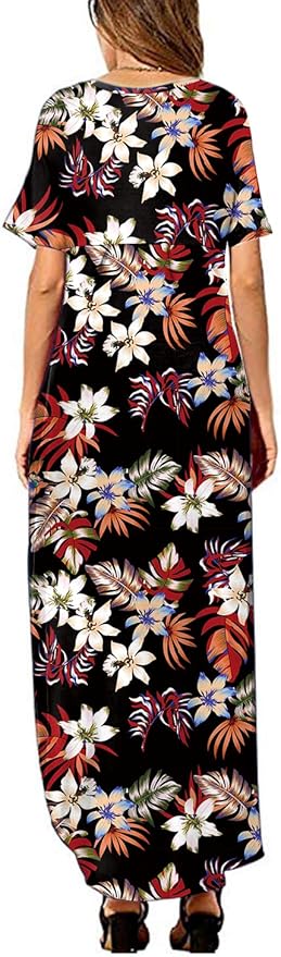 Arolina Women's Summer Maxi Dress Short Sleeve V Neck Casual Loose Long Beach Split Dresses with Pockets